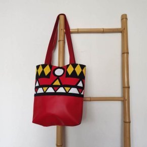 5 Cabas simili cuir rouge et wax samakaka anse en coton pile